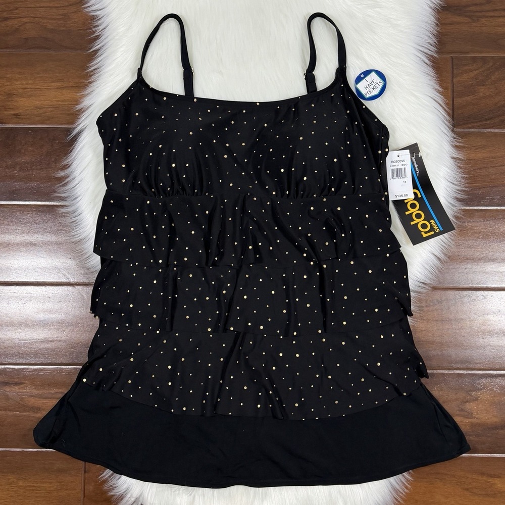 Longitude x Robby Len Size 16 Black Gold Dot Skirtini‎ Swim Suit Dress One Piece